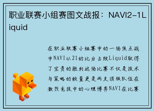 职业联赛小组赛图文战报：NAVI2-1Liquid